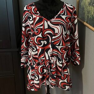 Chaps Blouse Womens 1X Red Black Abstract Swirl V-Neck Drawstring Chiffon Sheer